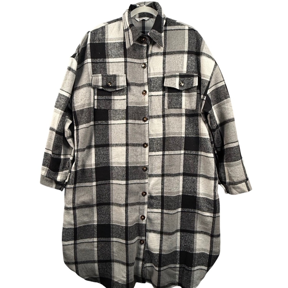 Oversized Womens XXL Plaid Longline Shacket Buffalo Check Flannel Jacket Coat
